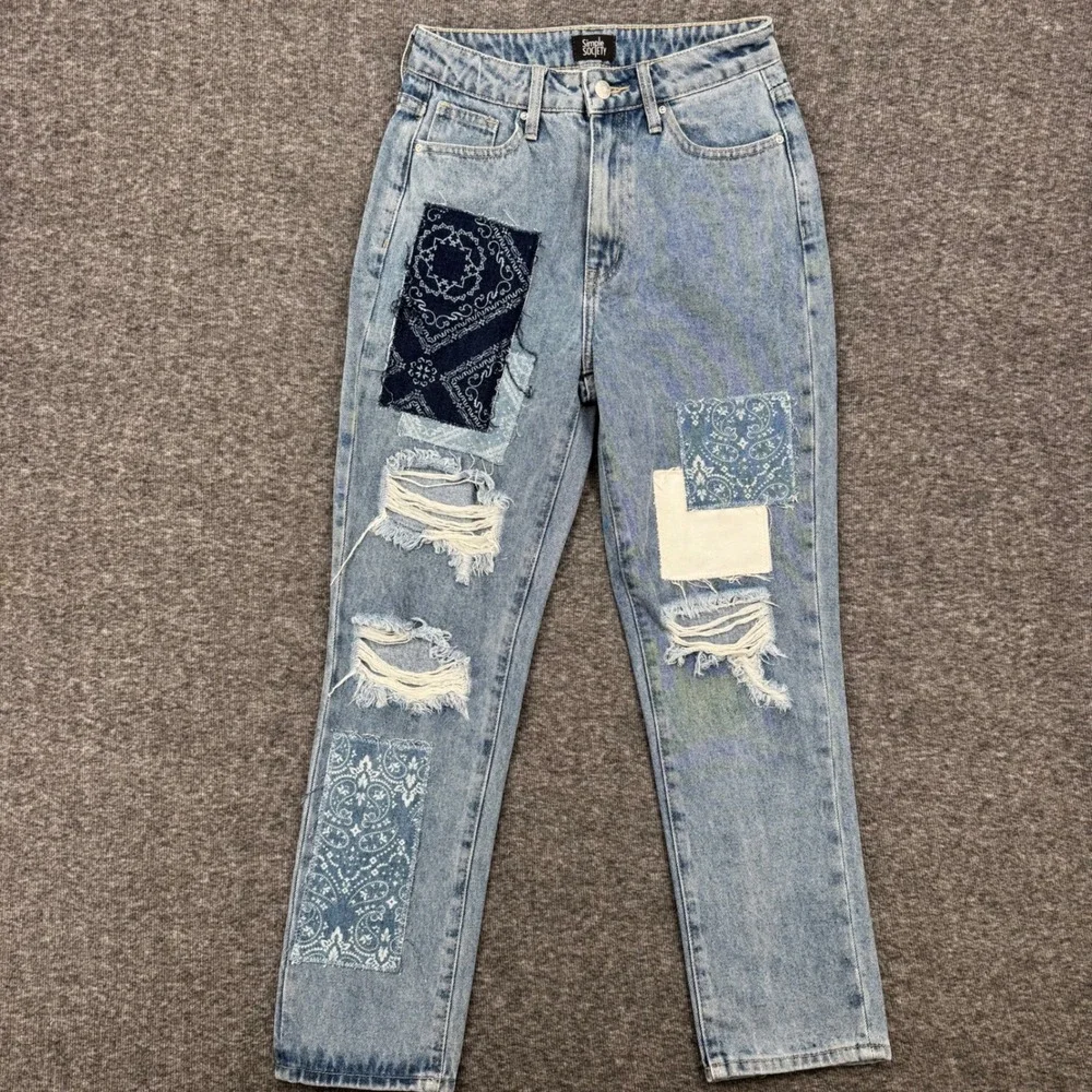 Simple Society Womens Patchwork Distressed Straight Leg Jeans Light Wash‎ Size 1
